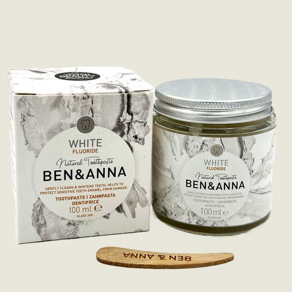 Ben and Anna eco friendly white fluoride toothpaste in jar available from our Northamptonshire based refill shop