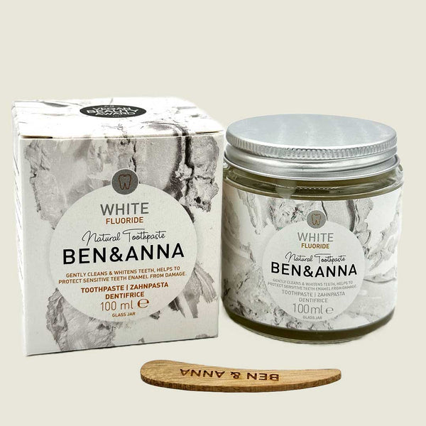 Ben and Anna eco friendly white fluoride toothpaste in jar available from our Northamptonshire based refill shop