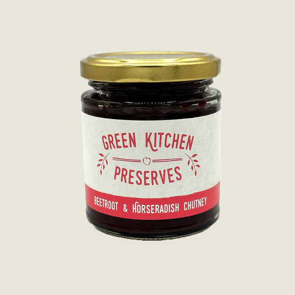 Green Kitchen Preserves locally sourced beetroot and horseradish chutney in jar